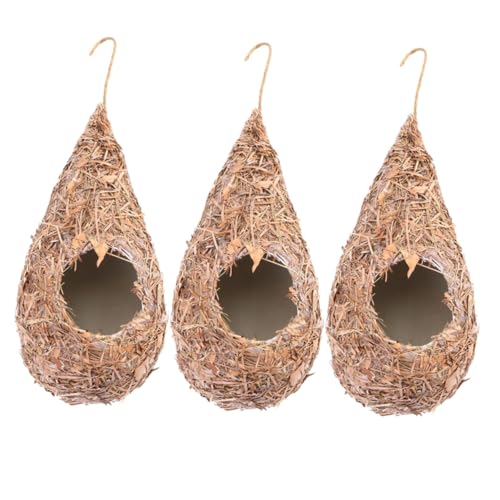 BCOATH 3 個 草編み 模造 鳥 巣 草 鳥 屋外 鳥 巣 ハウス 吊り下げ 鳥 小屋 草 編み 鳥 小屋 ハチドリ 巣作り ハウス 庭 吊り下げ 鳥 巣 わら
