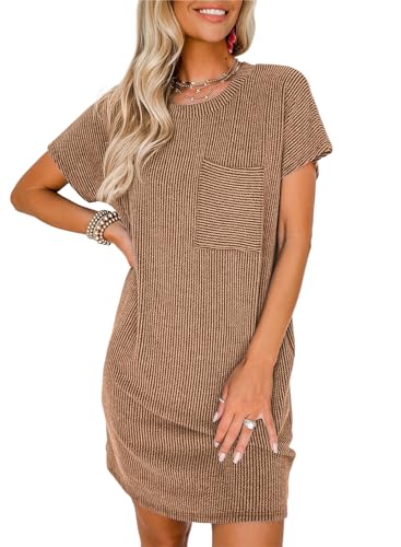 Image of Acelitt Womens Casual Summer Crewneck Short Sleeve Ribbed Mini Tshirt Dress, XS-3XL