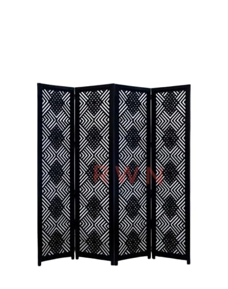 Image of Wooden Room Divider 6 Feet, 4-Panel Folding Wooden Partition for Living Room, Office, Pooja Room, Restaurant, Kitchen & Balcony (2W x 1.82H Meters). (Black-Lattice Pattern)