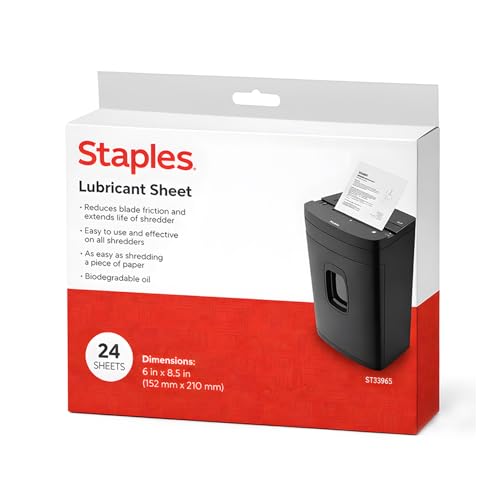 Staples Shredder Lubricant Lubricating Sheets Reduces Friction & Noise Keeps Blades Sharp Pack of 24