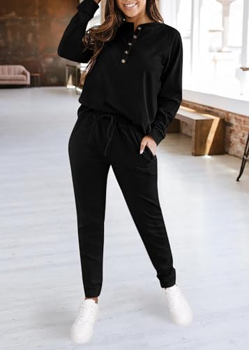 KIRUNDO Womens Sweatsuits 2 Piece Set 2025 Fall Winter Button Henley Sweatshirt Drawstring Pants Lounge Sets with Pockets3