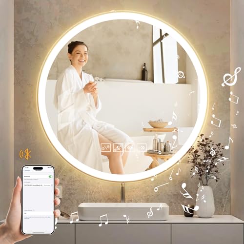 Litglobe Espejo Baño LED Bluetooth 60x60 cm,Espejo Redondo Baño Antivaho,Espejos de Bano con LED y Memoria,Espejos Bano con Luz c𝐨n Interruptor Táctil,Regulable,3 Colores - imagen 2