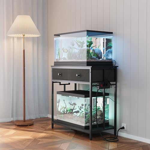 Image of VOWNER 20-29 Gallon Aquarium Stand with Power Outlet, Metal Frame Fish Tank Stand with Cabinet Storage, Double Turtle Reptile Terrariums Tank Stand, 31.5 inch L*15.7 inch W Tabletop, 400LBS Capacity, Black