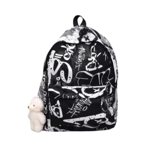 Mochila escolar de grafite de grande capacidade para meninas adolescentes com pingente de desenho animado mochila casual para mulheres, Preto com pingente, Large, Clássico