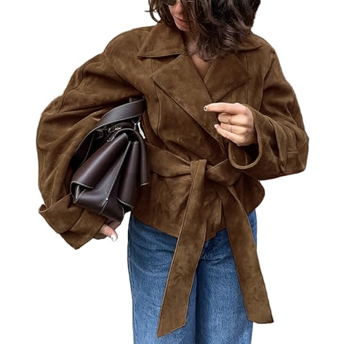 VOIKERDR Brown Suede Jacket Women Trendy Faux Suede Jacket with Belt Winter Outfits Outwear