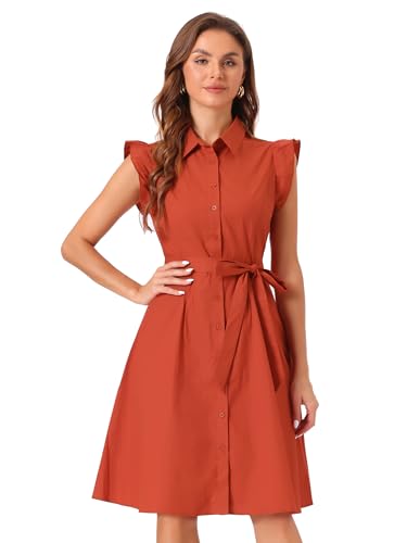 Image of Allegra K Women's Ruffled Sleeve Casual Office Dress Tie Waist Button Down Cotton Shirt Dresses
