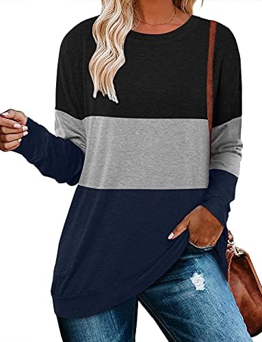 Magritta Striped Shirt for Women Petite Size Tunic Tops with Pockets Spring Fall Stretchy Crew Neck Long Sleeve Sweatshirt Pullover Black Blue Large