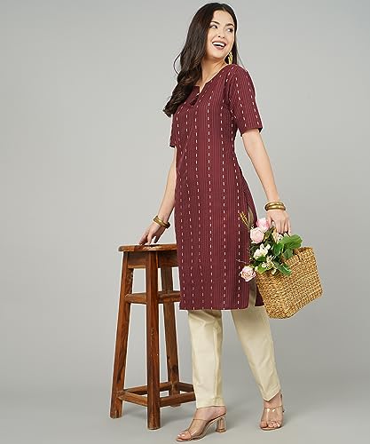 Image of Cotton Dobby Woven Design V- Neck Elbow Sleeves Knee Length Kurta for Women's