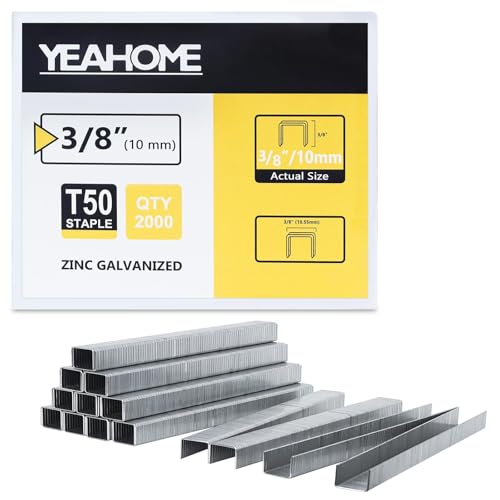 YEAHOME Heavy Duty Staples, 2000 Counts 3/8 inch T50 Staples, 20 Gauge Galvanized 3/8 Inch Crown Upholstery Staple for Pneumatic, Electric T50 Staple Gun