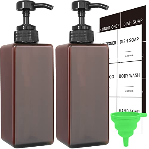 Image of Amber Soap Dispenser with Waterproof Labels, 16 oz Dish Soap Dispenser for Kitchen, Thickened Plastic Hand Soap Dispenser for Bathroom, Shampoo and Conditioner Pump Bottles with Silicon Funnel, 2 Pack