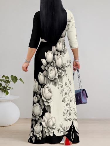 Image of PinkPatty Plus Size Maxi Dress for Women Casual V Neck 3 /4 Sleeve Boho Printed Long Dress with Pockets