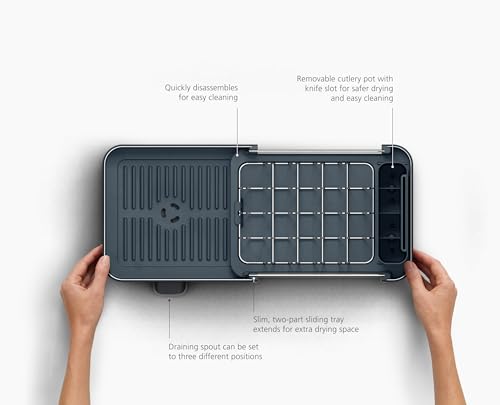 Image of Joseph Joseph Extend Slim Steel Expandable Dish Drying Rack with Removable Cutlery Holder and Swivel Draining Spout, Compact Design, Grey