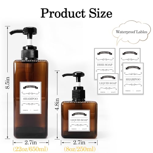 6 Pack Shampoo and Conditioner Dispenser Bottles - 4 Pack 22 Ounce and 2 Pack 8 Ounce Refillable Square Plastic Pump Bottles Shower Soap Dispenser for Shampoo Conditioner Body Wash (Amber)2