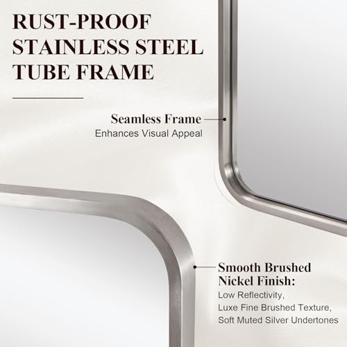 Image of ANDY STAR 24x48'' Brushed Nickel Bathroom Vanity Mirror for Over Sinks, Rounded Rectangle Bathroom Wall Mirror in 1'' Rustproof Tube Metal Frame Mirror Decorative Wall-Mounted Horizontal /Vertical