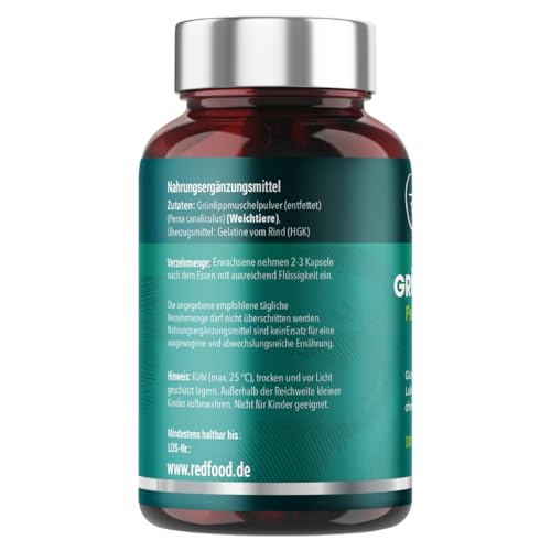 GRÜNLIPPMUSCHEL PREMIUM KAPSELN 1500 MG GRÜNLIPPMUSCHELPULVER PRO PORTION HOCHDOSIERT XXL DOSE 300 KAPSELN 5-3 MONATSVORRAT OHNE MAGNESIUMSTEARATE MADE IN GERMANY VON REDFOOD