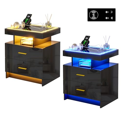 Image of HNEBC Auto LED Nightstand Set of 2, Smart Night Stand with Charging Station & USB Ports, High Gloss Bedside Table has 2 Drawers,Modern End Side Table for Bedroom (Black)