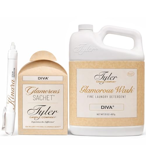 Tyler Glamorous Wash Diva Fine Laundry Detergent with a Kinara Stain Remover Pen and Dryer Sachets - Liquid Detergent Designed for Clothing - Hand and Machine Washable (32 Oz)