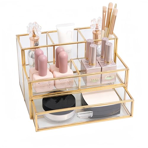 HARLIANGXY Organizzatore Cosmetico con Cassetti, Organizer per Trucchi in vetro, Organizzatore di Trucco, Contenitore per Cosmetici, Porta Pennelli Make Up, Organizzatore di Profumi, Oro