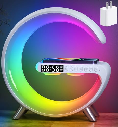 Smart LED Table Lamp 4-in-1 Wireless Charger Night Light Alarm Clock Bluetooth Speaker with App Control Bedside Lamp with Charging Station for Bedroom Office Home Decor Teen Girls Boys Gifts