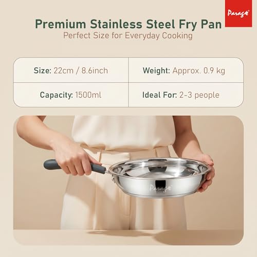 Image of Parage Stainless Steel Frying Pan 24 cm Deep Fry Pan, 1500ml Capacity, Induction & Gas Stove Compatible Cookware, Triply Bottom with Silicon Handle, for Kitchen Daily Use, 2 Years Warranty