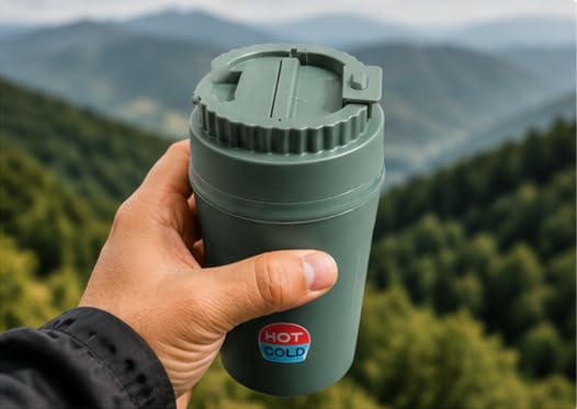 Image of Insulated Travel Tumbler, Green, Double Wall Hot and Cold Retention, Flip Lid, 350ml, Matte Finish, Reusable