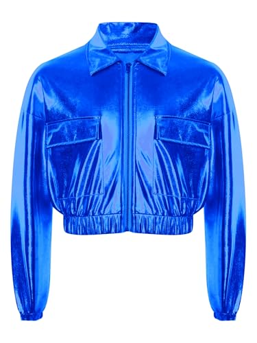 JanJean Boys Girls Sequined Metallic Bomber Jacket Long Sleeve Coat with Flap Pockets for Hip Hop Jazz Dance Outwear