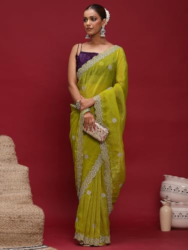 Image of AKHILAM Women's Tissue Embellished Saree With Unstitched Blouse Piece (RANI4701 RN Parent)