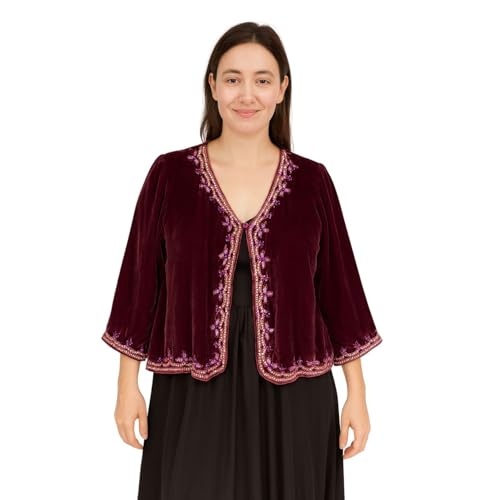 LA CERA Women's Silk Velvet Beaded Jacket – Embellished Open Front Evening Layer, Elegant Special Occasion Outerwear