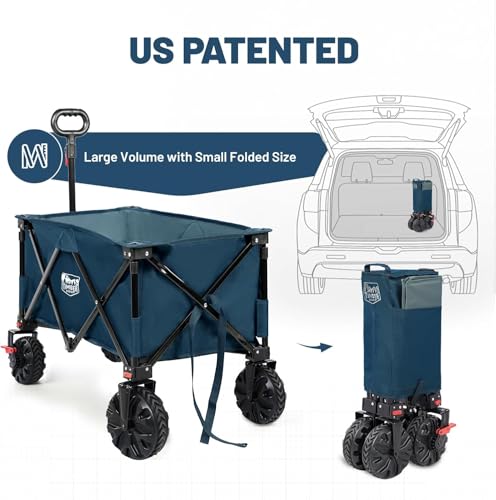 Image of Timber Ridge Collapsible Wagon with Brakes Utility Folding Cart Heavy Duty All Terrain Wheels for Outdoor Shopping Camping Sports Garden with Side Bag and Cup Holders, Blue