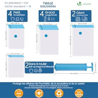 VOUNOT® Sacchetti Sottovuoto Vestiti, 12 Pezzi Sacchetti Salvaspazio Riutilizzabili con Pompa per Lenzuola, Piumoni, Cuscini, Coperte, Viaggi