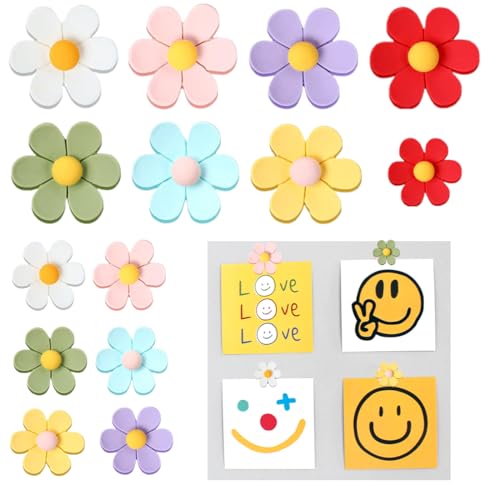 OUDQFCJ Juego de 14 imanes de nevera con flores 3D, multicolor, fuertes, para cocina, oficina, decoración, 7 colores, grandes y pequeños