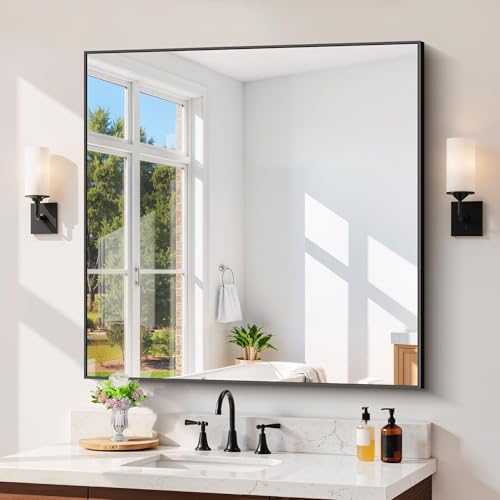 Image of COFENY Black Bathroom Mirror for Wall, 39x39 Inch Square Mirror with Metal Frame, Black Modern Vanity Mirrors for Bathroom Sink, Living Room, Entryway Hangs Horizontal or Vertical