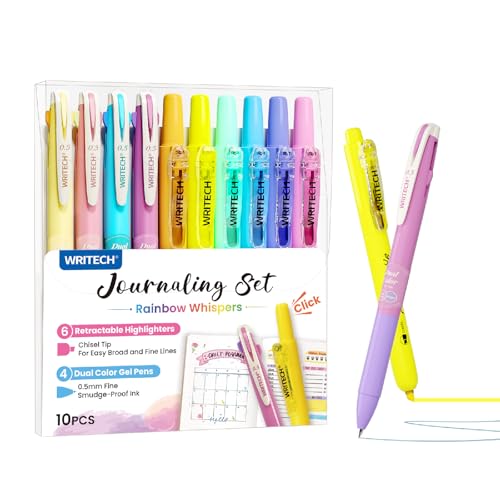 WRITECH Gel Pens Journaling Highlighters: Journal Set Aesthetic Assorted Pastel Color Ink 0.5mm Fine Point Retractable 2 in 1 Pen Smooth Writing Drawing 10ct