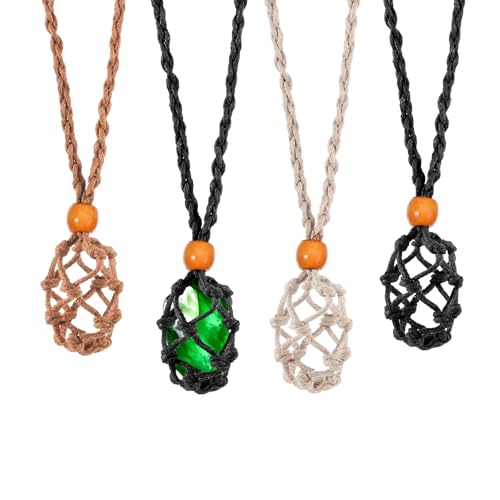 4 Pcs Crystal Holder Necklace Cage Necklace Cord Empty Stone Holder Quartz Crystal Rock Jewelry Cord Adjustable Rope Cage for DIY Jewelry Making Black Brown Beige