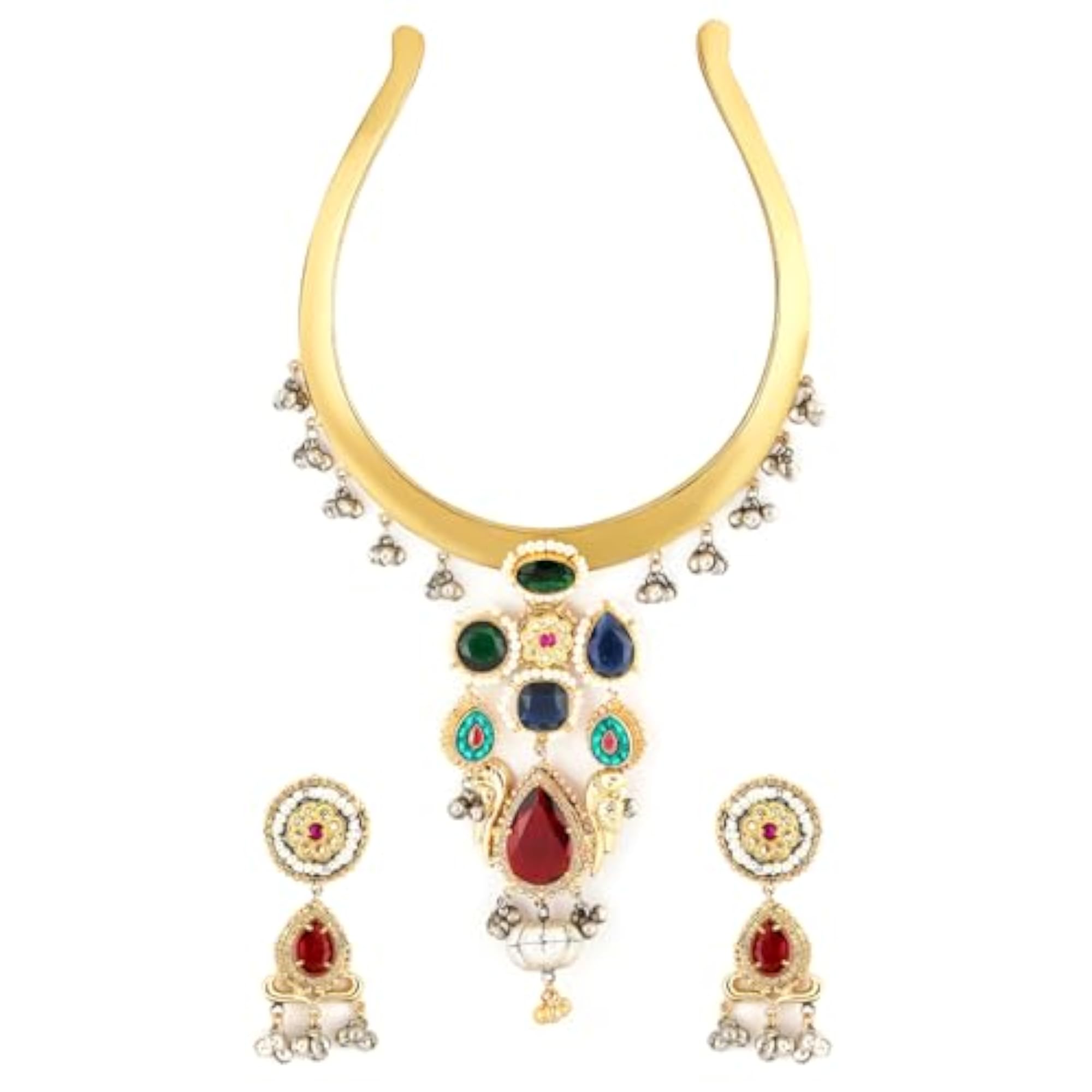 Gold Plated Emerald Green Choker Set with Earrings for Women