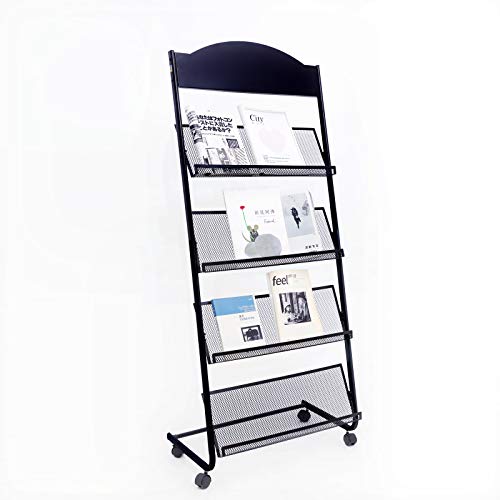 Magazines and Brochures Stand with Wheels, Literature Display Stand with 4 Shelves Floor Standing Magazine Brochure Holder Rack, Sliver/Grey (B)