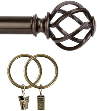 KAMANINA Bundle of 32-120" Antique Bronze Single Curtain Rod with Decorative Twisted Cage Finials and Antique Bronze Curtain Rings with Clips 20 Pack, with Interior Diameter 1.5 In image 4