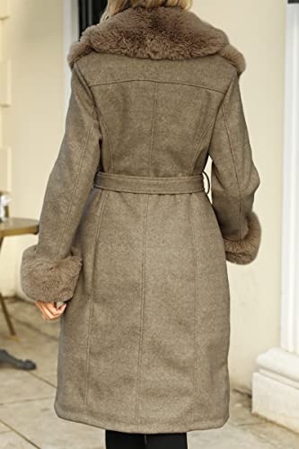 Giolshon Damen-Jacke mit Pelzfutter aus Wollmischung, Kapuze und Pelzkragen verdickter langer Trenchcoat mit Gürtel 244A Khaki XL