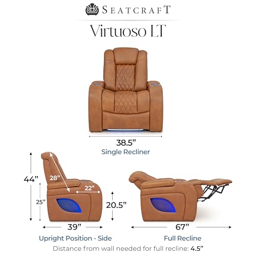 Image of Seatcraft Virtuoso LT Tawny Italian Leather Home Theater Seating, Zero Gravity Power Recliner, Powered Headrest and Lumbar Gaming and Home Office Chair, Heat and Massage Lounge Sofa, Single Recliner