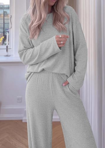 KIRUNDO Fall Ribbed Knit 2 Piece Lounge Set Women(Light Grey, X-Large) — view 6