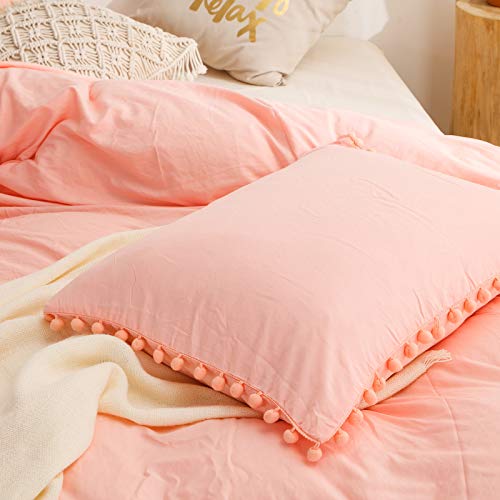 3 Pieces Peach Bedding Light Pink/Peach Duvet Cover Set Ball Fringe Pattern Design Soft Pink Girls Bedding Sets Queen 1 Duvet Cover 2 Pillowcases (Queen, Pink/Peach) - Thumbnail 5