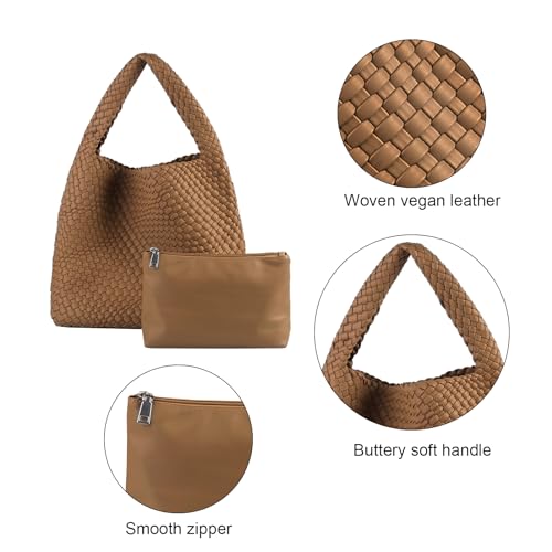 Image of Woven Tote Bag for Women with Purse, Vegan Leather Hobo Bags Large Handmade Underarm Shoulder Bag