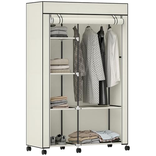 HOMCOM Armoire penderie en Tissu Meuble de Rangement Mobile 6 roulettes avec Tringle à vêtements et étagères Ouvertes penderie vêtement Dressing Roulant...