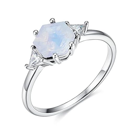 ITI KUOLOLIT Natural Moonstone Gemstone Genuine 925 Sterling Silver Ring for Women 7*7 Hexagon Cut Women's Ring for Engagement Bride Romantic Birthday (White Rhodium Plated, 7)