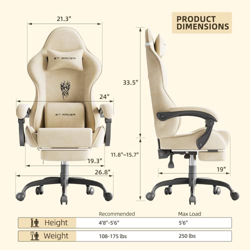 Image of Soontrans Velvet Fabric Gaming Chairs with Footrest, Ergonomic Video Gamer Chair for Adult, Reclining Office Computer Desk Game Chairs with Massage Lumbar Cushion,Headrest