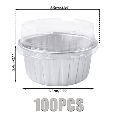 100Pcs Aluminum Cups With Lids,5Oz Disposable Ramekin Baking Cups Muffin Liners Mini Pie Pans Foil Cupcake Containers For Christmas Party Wedding,Silver #TOP1