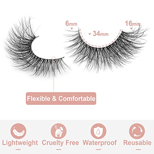 False Eyelashes Clear Band Faux Mink Lashes 3D Volume 16mm Cat Eye Transparent Band Wispy Eyelashes Invisible Strip Lashes Pack