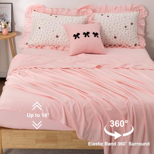 Image of A Nice Night Red Bow Comforter Set,Ruffle 6Pcs Bed in a Bag Matching Sheet Set, Bowknot Bedding Sets,Princess Style Strawberry Flower Printed Room Decor for Girls,Queen