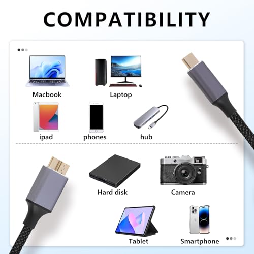 High-Speed USB C to Micro B Cable, 0.5M Type C to Micro USB 3.0 Connection for External Hard Drives, Hard Drive Cables, Usb C to Micro Usb Cable, Compatible with WD My Passport, Note 3, S5