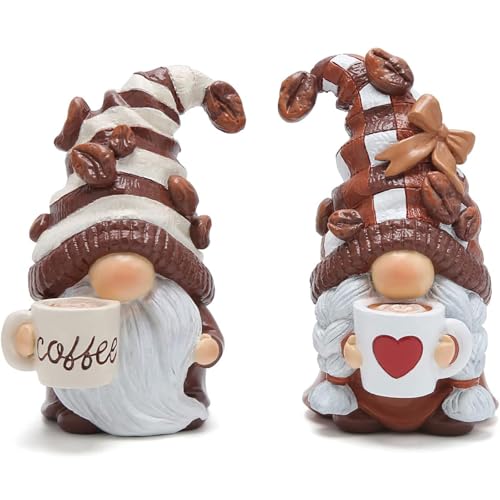 ZenithBurst 2-er Pack Wichtel Frühling Sommer Deko Kaffee Bar Wichtel Figuren Porzellan Zwerge Home Decor für Küche Geschenkideen für Kaffee-Liebhaber
